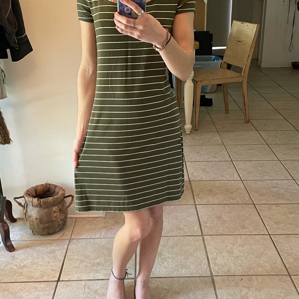 Green and white striped dress